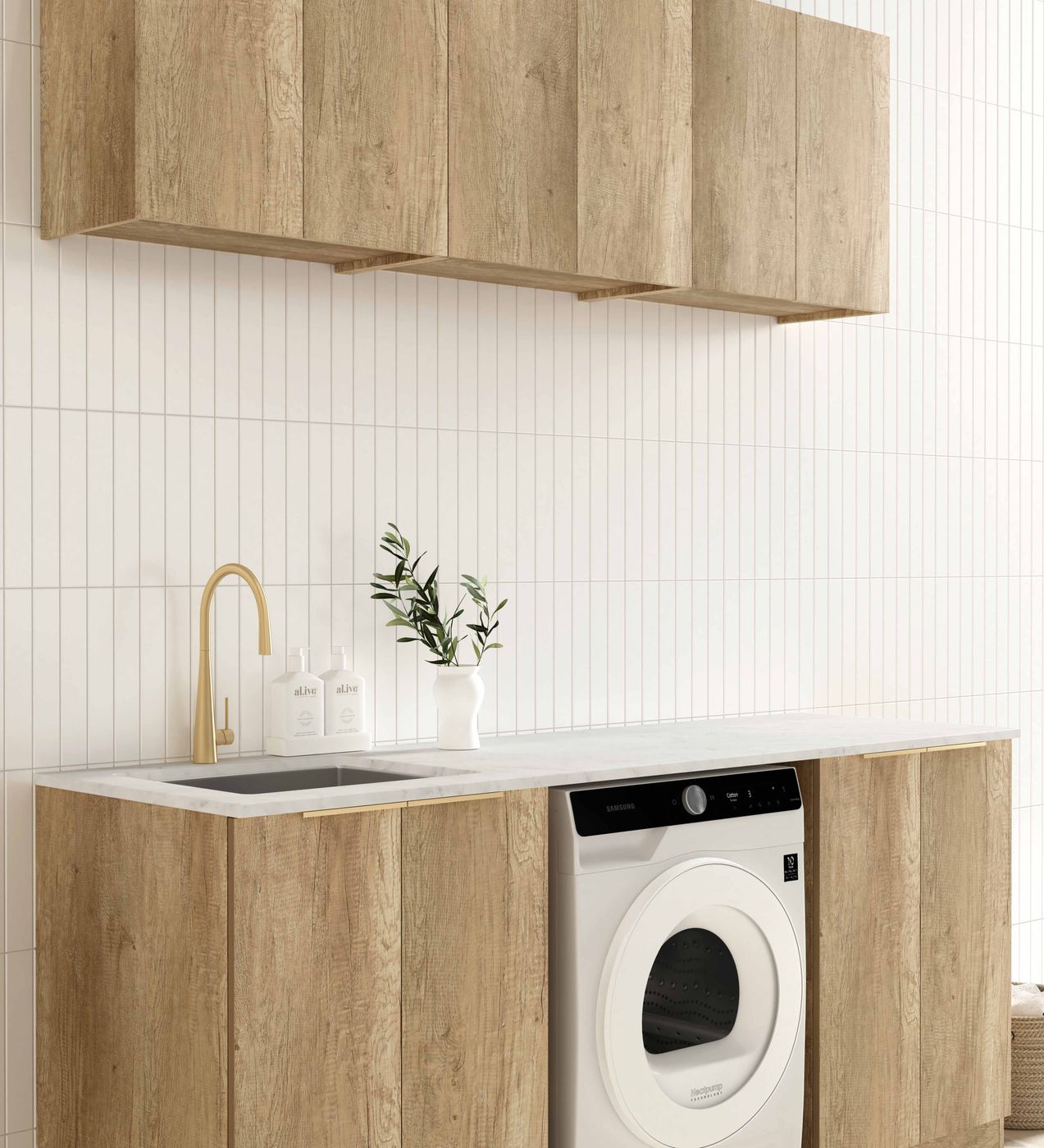 Byron Natural Oak Laundry Cabinet with Stone Top Set