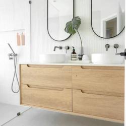 View Photo: Vanity BYRON Double Bowl Wall Hung 1200mm Natural Oak